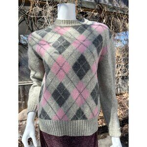 90s Virgin Wool Argyle Sweater Grey Pink 100% Shetland Woolf Sz M